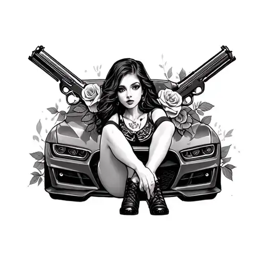Girl On Import Car With Roses And Guns