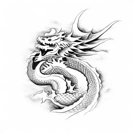 Japanese Dragon With Flowers And Clouds