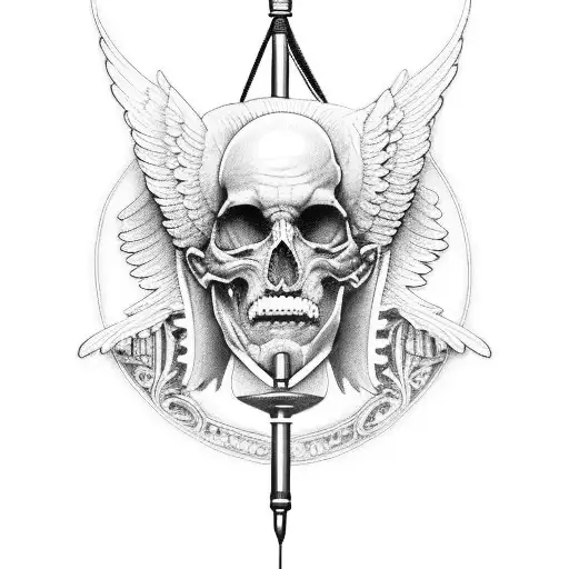 An Intricate Black And Grey Tattoo Of A Barber Pole With Angelic Figures