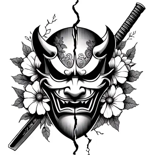 One Oni Mask Cut In Half With A Katana Blade In The Middle Of The Crack And Flowers On The Sides