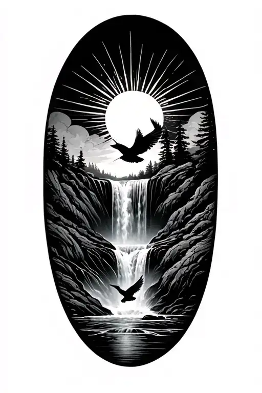 Birds Flying Up Into A Waterfall With A Rising Sun