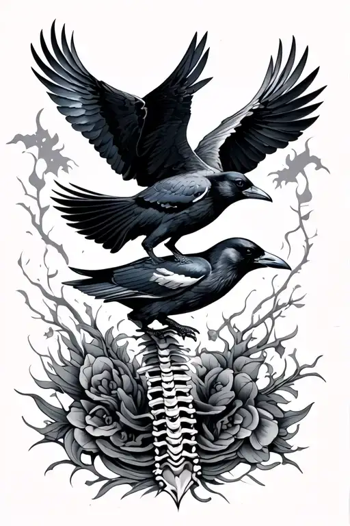 Spine Tattoo With Raven And Duck Flying