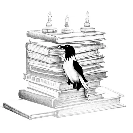 A Hauntingly Beautiful Illustration Of A Raven Perched On A Stack Of Books