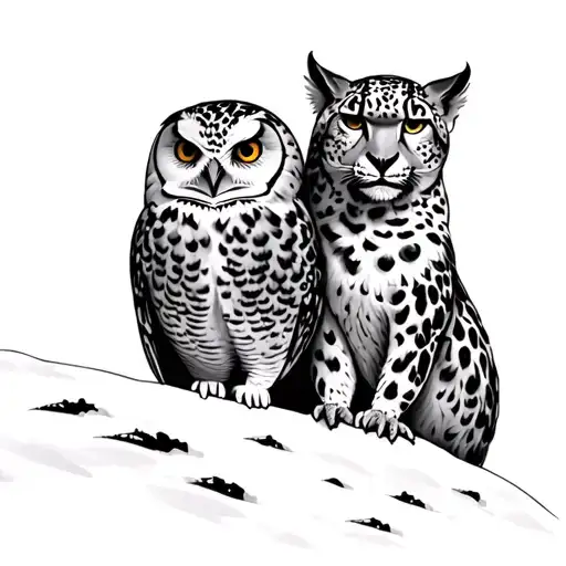 Snow Leopard And Snowy Owl Perched