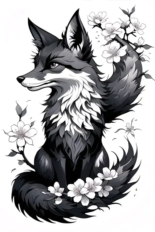 Mythical Fox With Nine Tails And Surrounded By Sakura Flowers