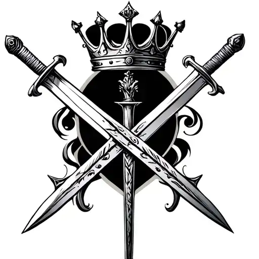 Two Swords Crossed Downwards With A Royal Scepter In The Middle Passing Through A Crown