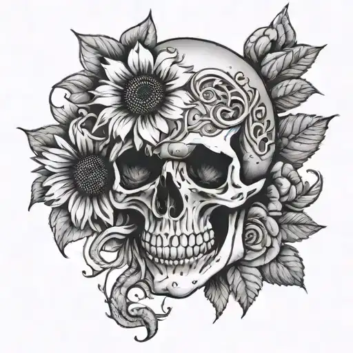 Black And Grey Skull With Snake Comming Out Of One Eye Sunflower On Top And Geranium