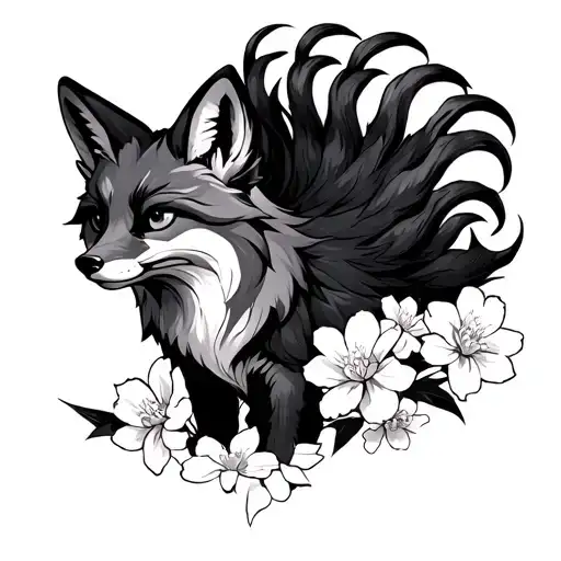 Fox With Nine Tails And Surrounded By Sakura Flowers
