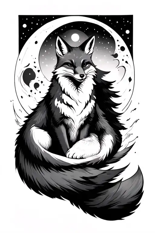 Kitsune Fox Sitting Near Moon Merging Together