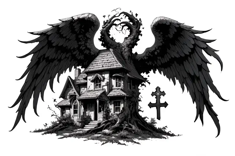 Angel Cemetery House Tree Cross
