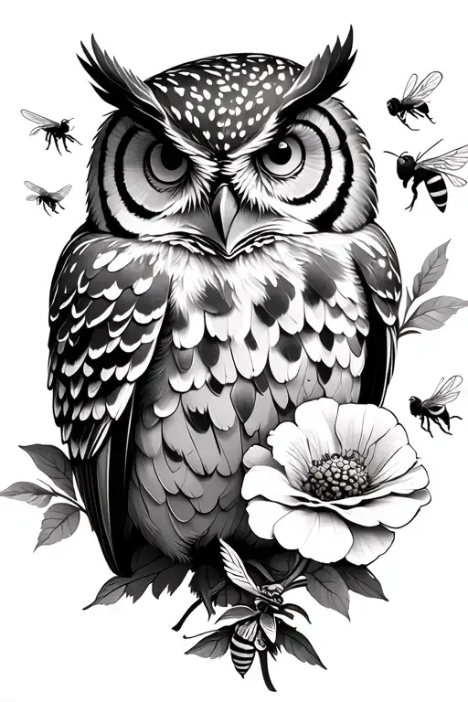 Owl With Carnations And Bees Flying Together