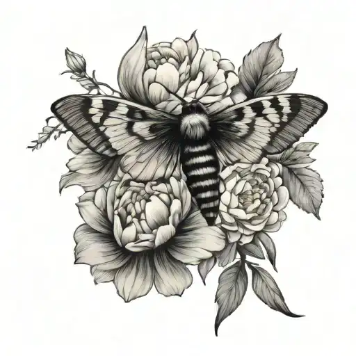 Dead's Head Hawk Moth And Peony Flowers