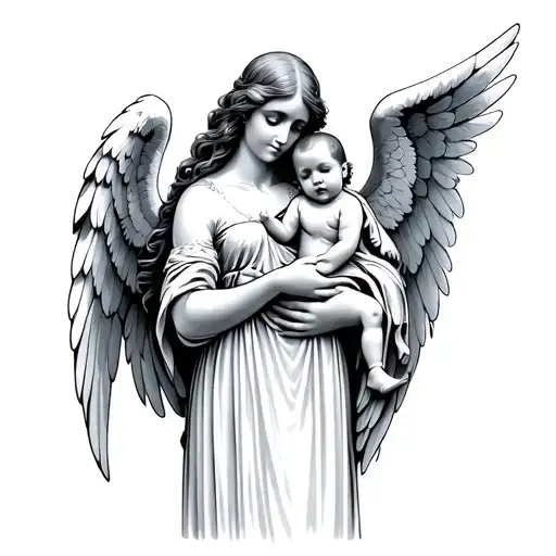 Angel Holding Baby Angel With Big Long Wings