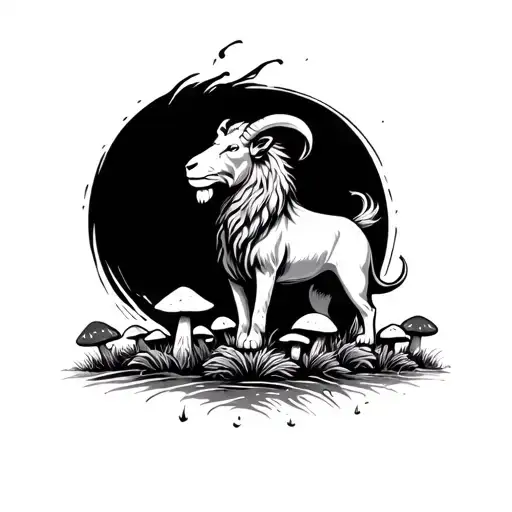 Water Goat Fire Lion In Field Of Mushrooms