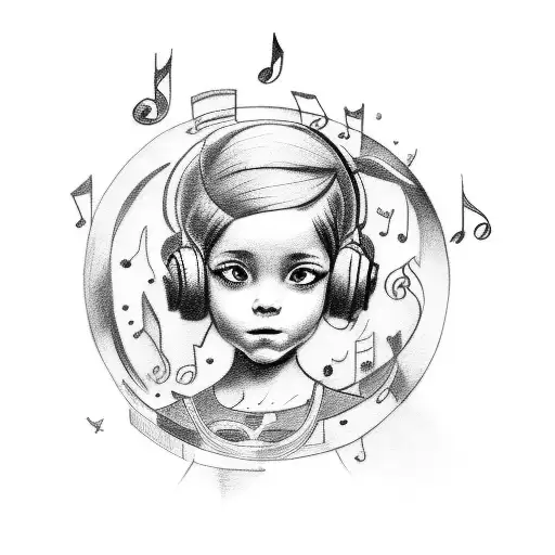 A Sketch-style Tattoo Of Your Daughter Ana Holding A Globe And Surrounded By Musical Notes