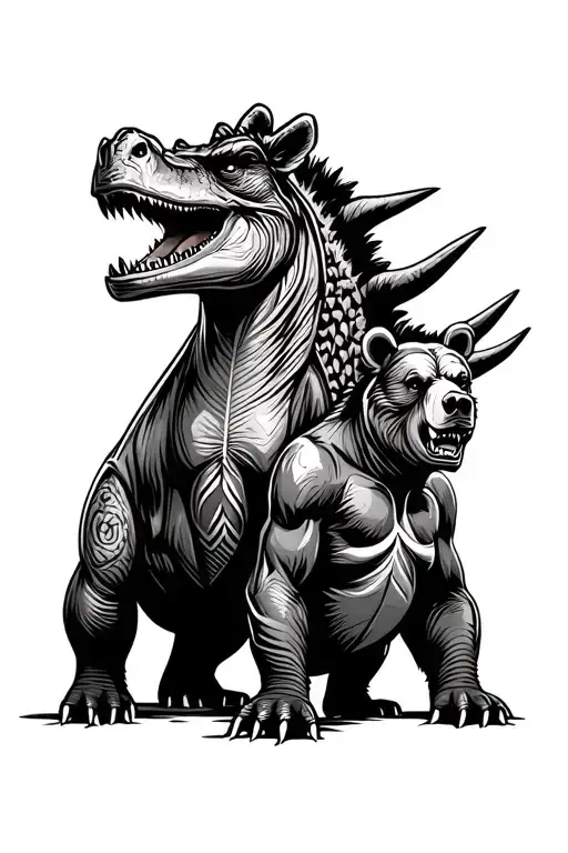 Aggressive Triceratops And Aggressive Brother Bear With Tribal Background