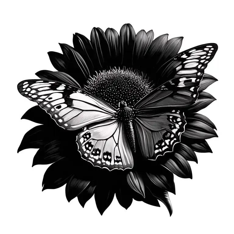 Realistic Butterfly And Sunflower In Black And Whiteno Background
