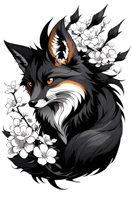 Fox With Nine Tails And Surrounded By Sakura Flowers