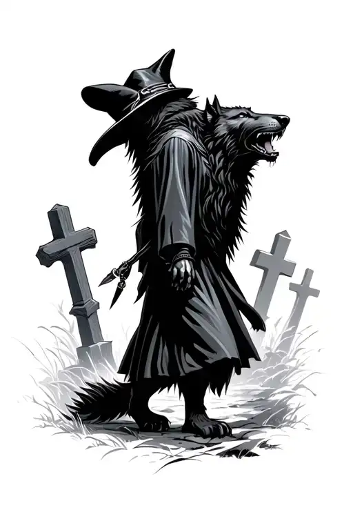 Plague Doctor Walking A Giant Black Wolf Howling In A Cemetery