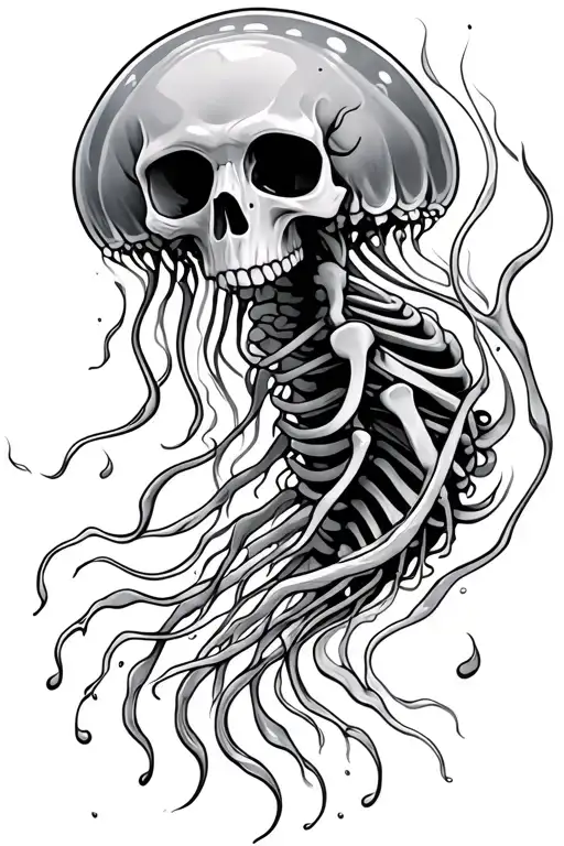 Skeleton Fire Jelly Fish Swimming Upstream