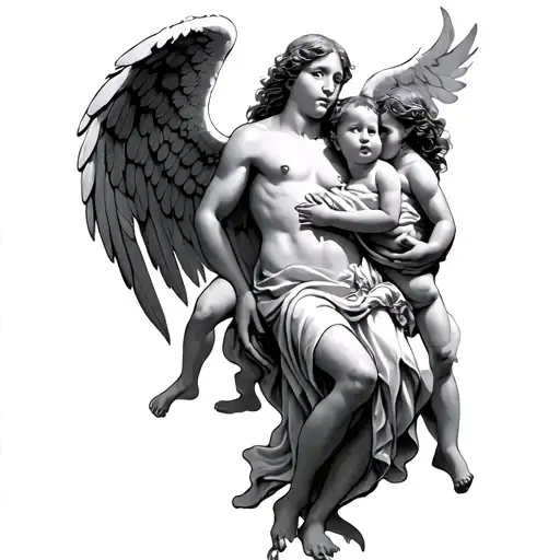 A Angel Holding Babies And Fighting Devils