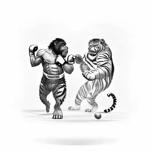 A Black-grey Tattoo Of A Tiger And A Gorilla Facing Off In A Boxing Ring
