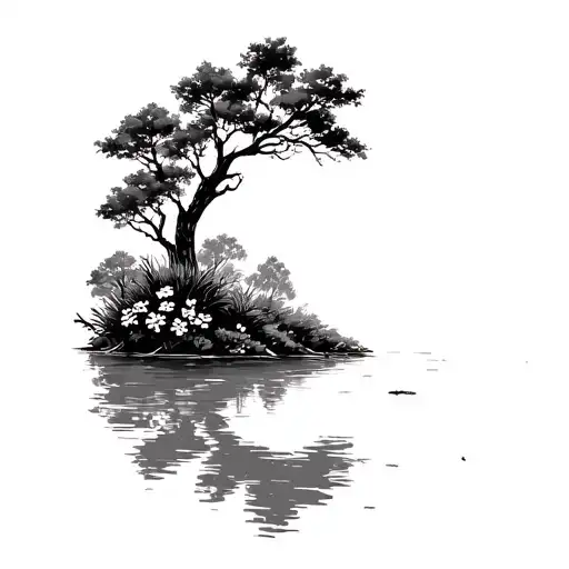 Trees With Some Bushes And Floral On Edge Of Lake