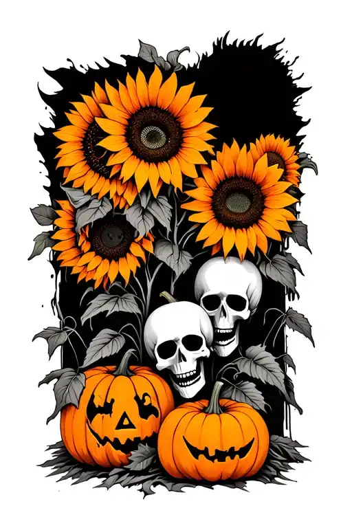 Sunflowers With Rotting Pumpkins Skeletons Orange
