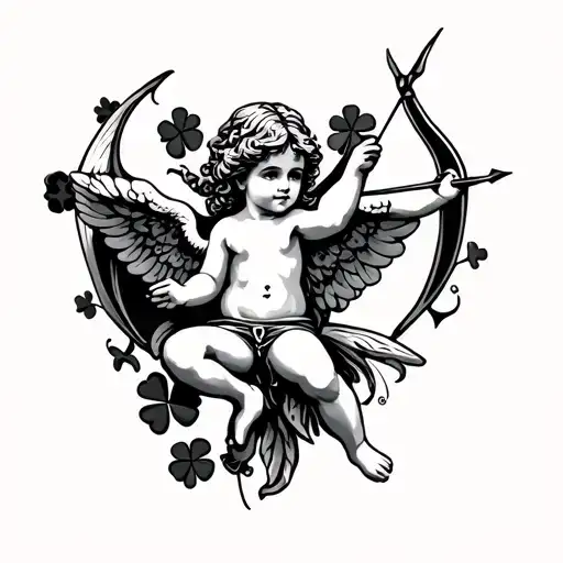 Cupid With Bow And An Arrow And A Shamrock Old School
