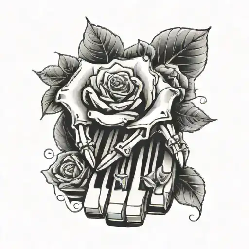 Bone Hand With A Rose And Piano Keys Forming