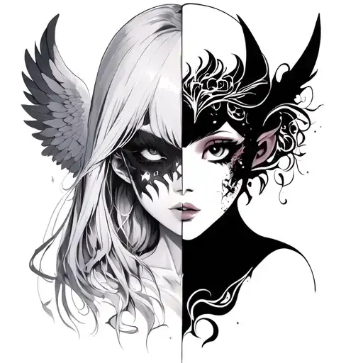 Anime Girl Split Face Design Angel And Demon Side