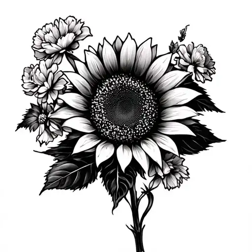 Big Sunflower And Small Carnations And Larkspur