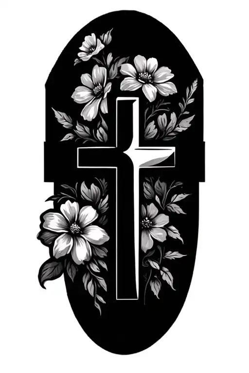 Black And White Cross With Flowers Behind It From Top Right