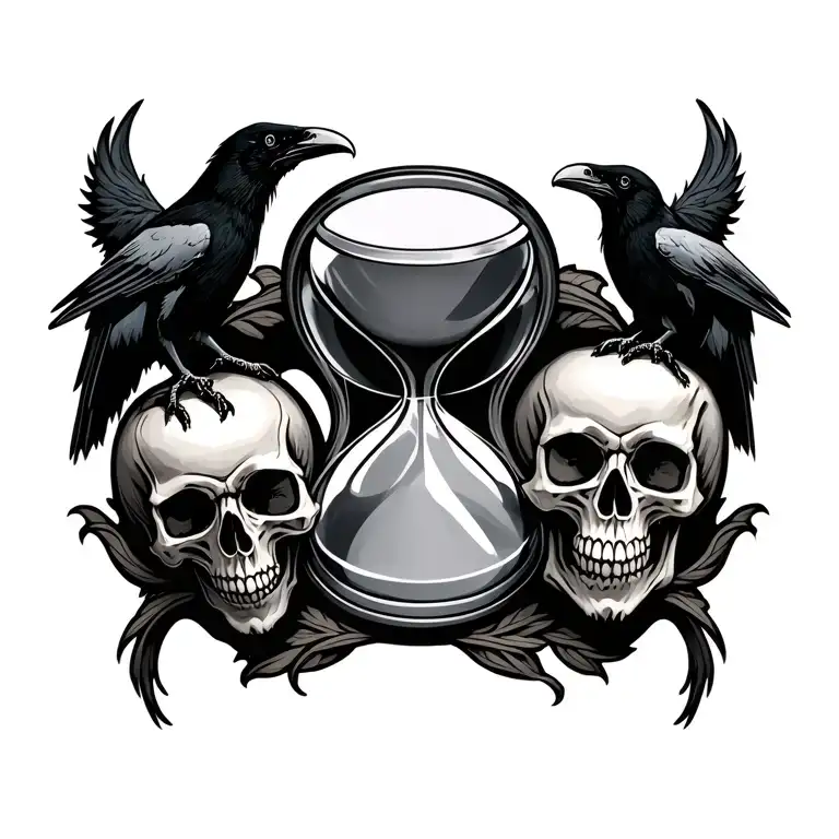 Hourglass With Skulls And Ravens Perched