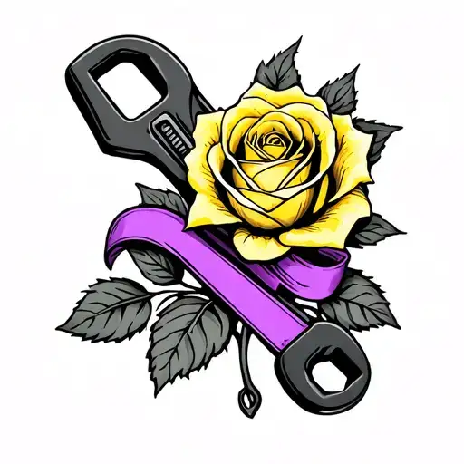 Yellow Rose Blooming Wrench And Purple Ribbon Intertwined