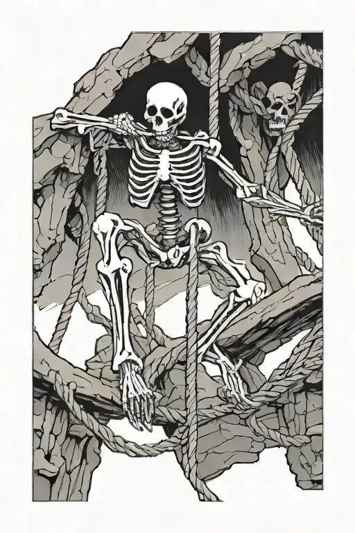 Skeleton Tattoo Climbing A Rope Out Of A Hole Being Helped Up By Another Skeleton