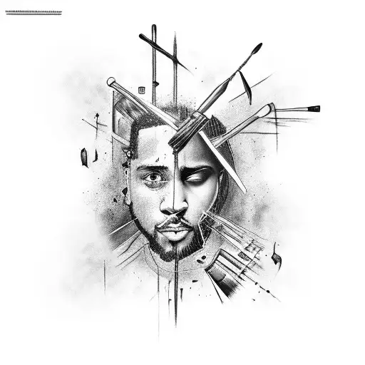 A Black And Grey Tattoo Of J Cole's Face Intertwined With Paintbrushes And Musical Notes