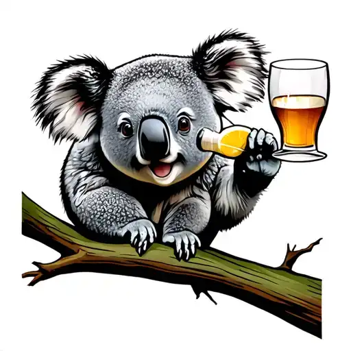Koala Drinking Alcohol On Tree Branch