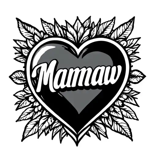 Black Ink American Traditional Tattoo Stencil Of A Classic Heart That Says Mamaw