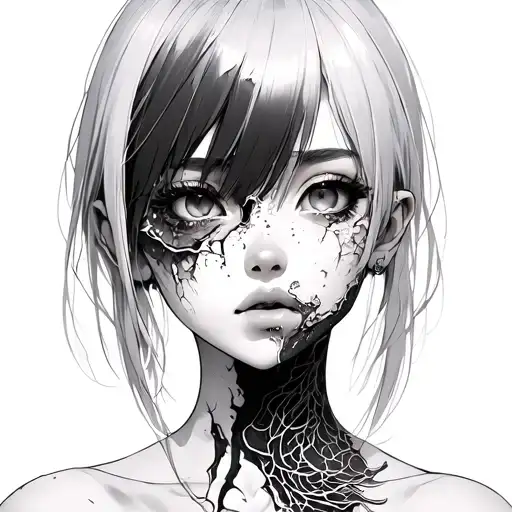 A Beautiful Anime Girl Whose Skin Is Peeling Off Half Of Her Face