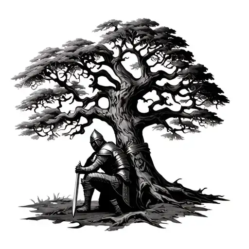 Knight Kneeling Under Gnarled Oak Tree