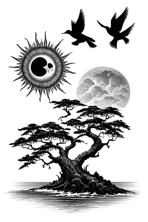 Skull Tree Beach Sun Moon Birds