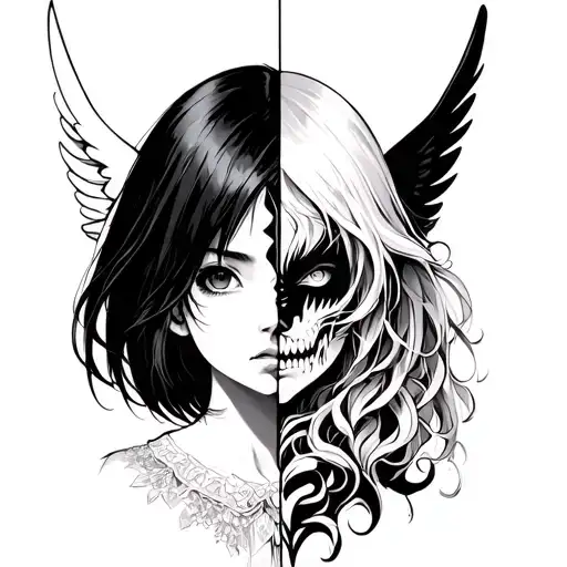 Anime Girl Split Face Design Angel And Demon Side
