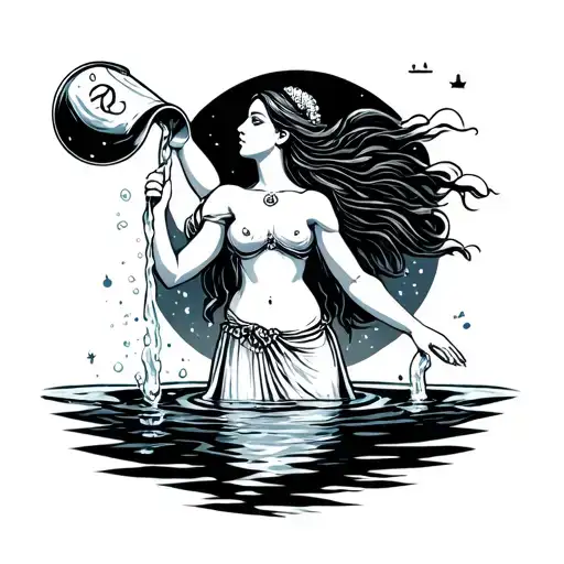 Aquarius Woman Pouring Water With Character And A Pronounced Look Standing With Astrological Sign
