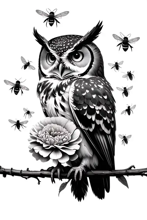 Owl With Carnations And Bees Flying