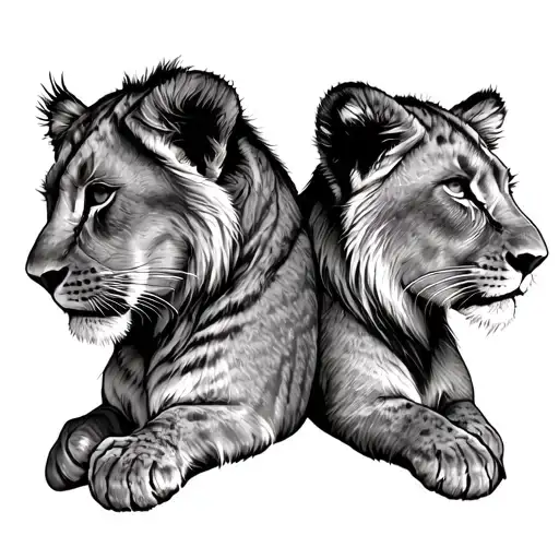 Lioness 3 Lion Cubs In Profile Looking At Each Other