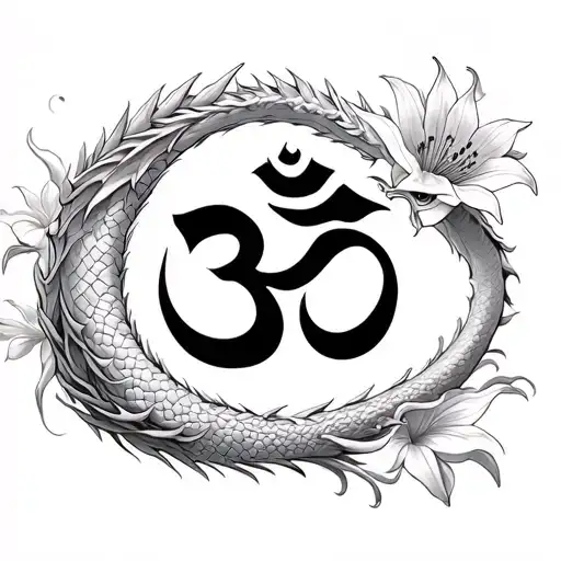 A Om Symbol Wrapped In A Dragon With Lilium Flowers Around It