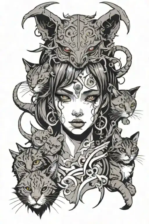 Head Of Anime Demon Girl And Cats Composition Dark Stale Japenise Demon