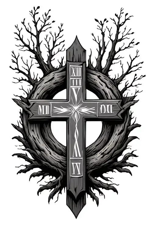 Make Me A Tattoo With A Cross With Woods In The Back And 11-10-24 In Roman Numerals On The Cross