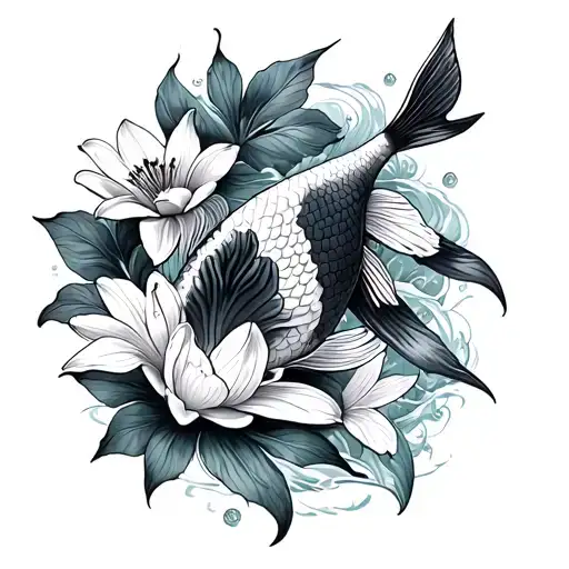 Koi Fish And Lilly Flowers